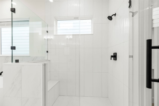 bathroom featuring a shower with door