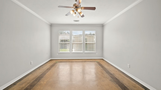 spare room with hardwood / wood-style flooring, ceiling fan, and crown molding