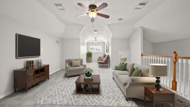 living room featuring light carpet, ceiling fan, and vaulted ceiling