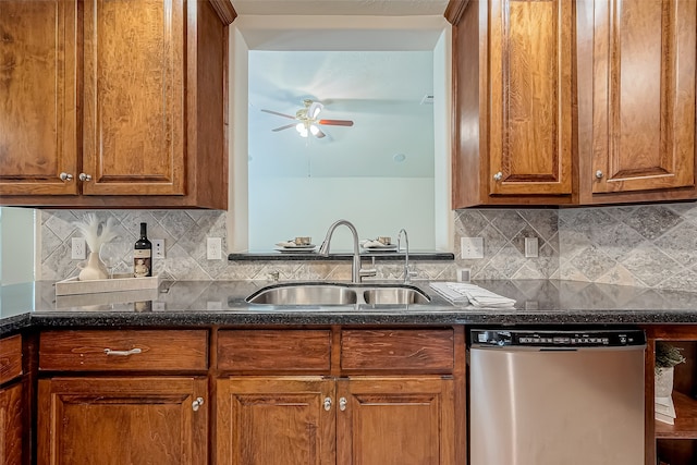 kitchen featuring tasteful backsplash, stainless steel dishwasher, sink, and ceiling fan