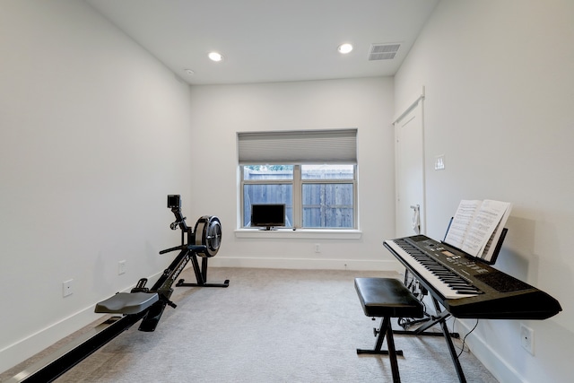 exercise area with light colored carpet