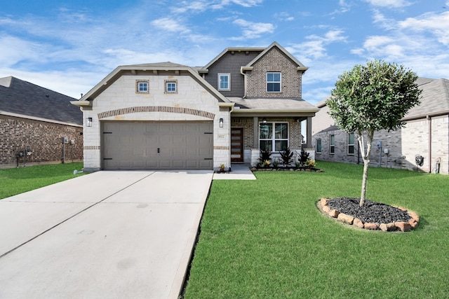 craftsman house featuring a garage and a front lawn