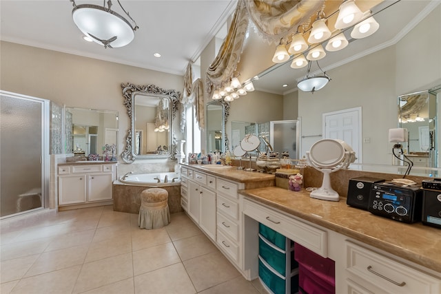 bathroom with vanity, shower with separate bathtub, tile patterned floors, and ornamental molding