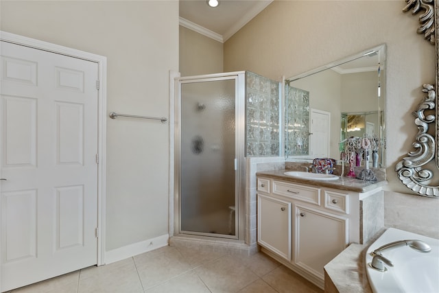 bathroom with vanity, tile patterned floors, crown molding, and separate shower and tub