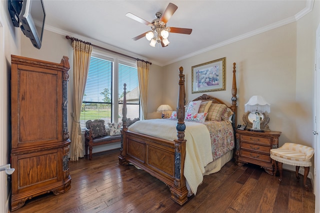 bedroom featuring crown molding, ceiling fan, and dark hardwood / wood-style floors