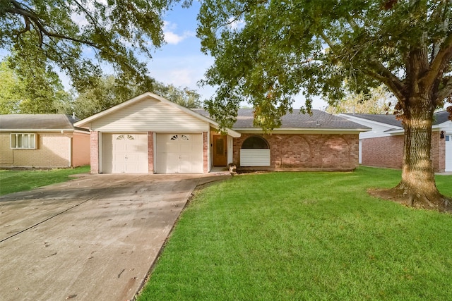 single story home with a garage and a front yard