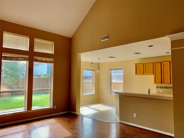 interior space with high vaulted ceiling, pendant lighting, and hardwood / wood-style flooring