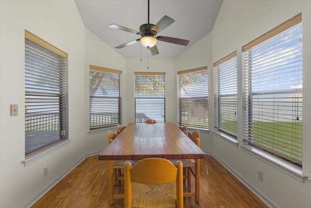 dining space with dark hardwood / wood-style floors, a wealth of natural light, and lofted ceiling