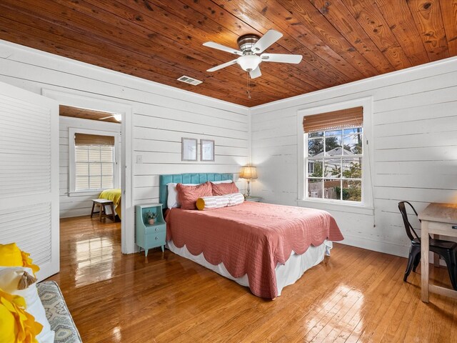 bedroom with hardwood / wood-style floors, wooden ceiling, and wood walls