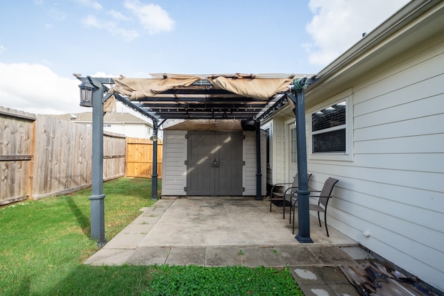 view of patio / terrace with a shed