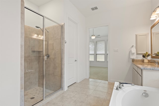 bathroom featuring ceiling fan, tile patterned flooring, vanity, and shower with separate bathtub