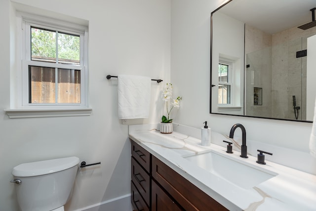 bathroom with vanity, toilet, and walk in shower