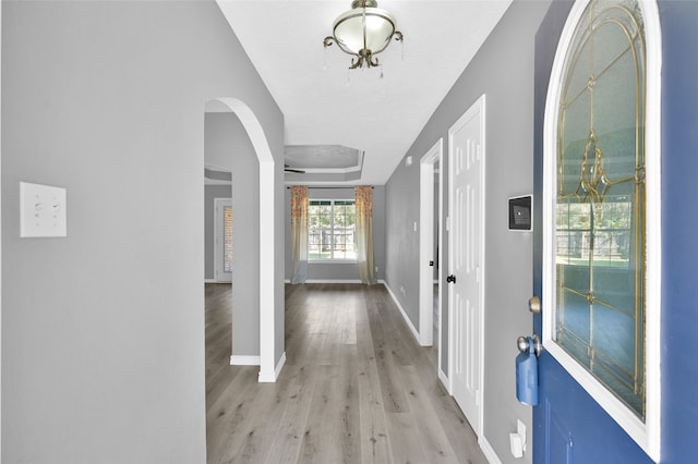 foyer featuring a raised ceiling and light hardwood / wood-style flooring