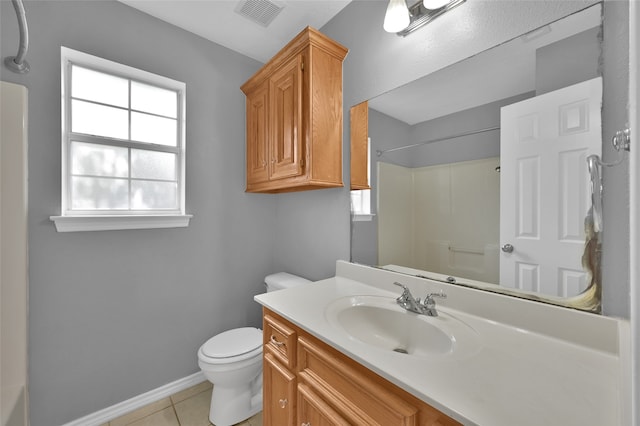 bathroom with walk in shower, tile patterned flooring, vanity, and toilet