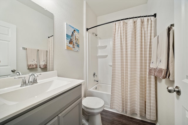 full bathroom with shower / bathtub combination with curtain, vanity, toilet, and wood-type flooring