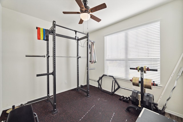 workout area featuring ceiling fan