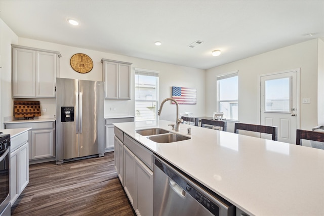 kitchen featuring dark hardwood / wood-style flooring, stainless steel appliances, a healthy amount of sunlight, and sink