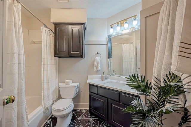 full bathroom with toilet, vanity, shower / tub combo with curtain, and tile patterned flooring