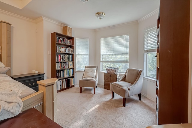 living area featuring ornamental molding and light colored carpet