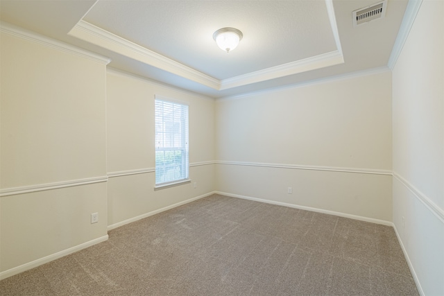 carpeted empty room with crown molding and a tray ceiling