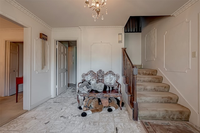 staircase featuring an inviting chandelier and ornamental molding