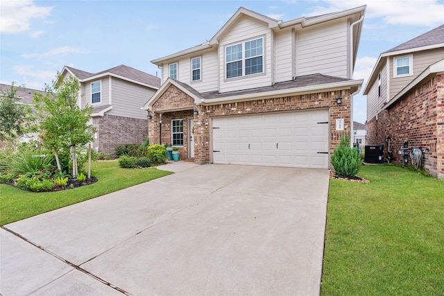 view of front facade featuring central AC unit, a garage, and a front lawn