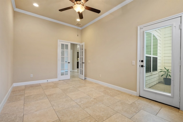 unfurnished room featuring french doors, ceiling fan, and crown molding