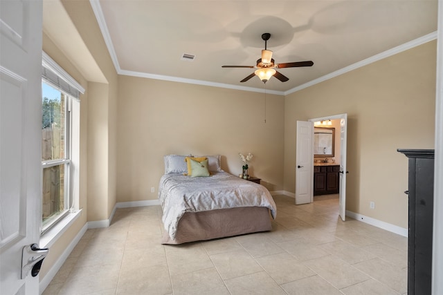 tiled bedroom featuring connected bathroom, ornamental molding, and ceiling fan