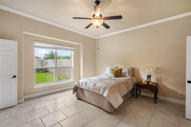 bedroom featuring light tile patterned floors, ceiling fan, and crown molding