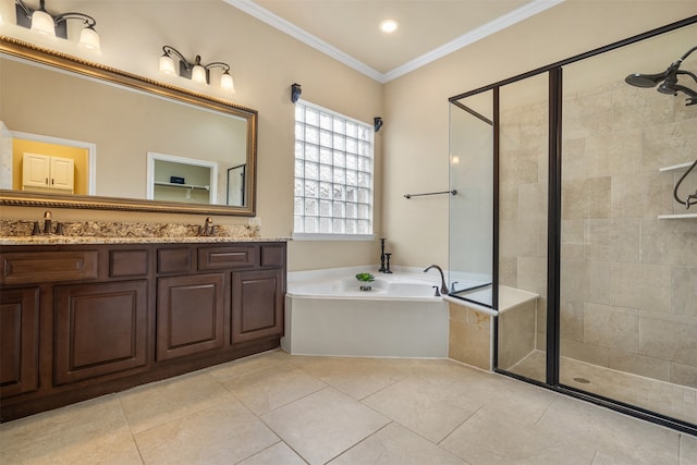 bathroom with ornamental molding, tile patterned flooring, vanity, and separate shower and tub