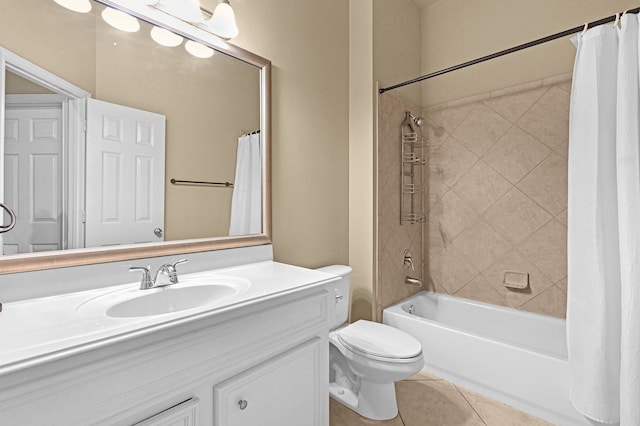 full bathroom featuring toilet, vanity, shower / bath combination with curtain, and tile patterned floors