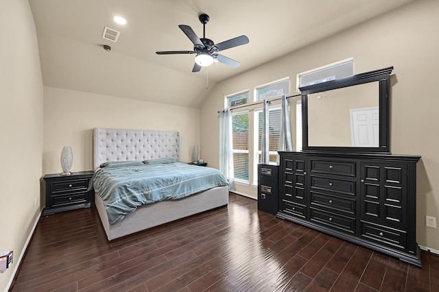 bedroom with lofted ceiling, ceiling fan, and dark hardwood / wood-style floors