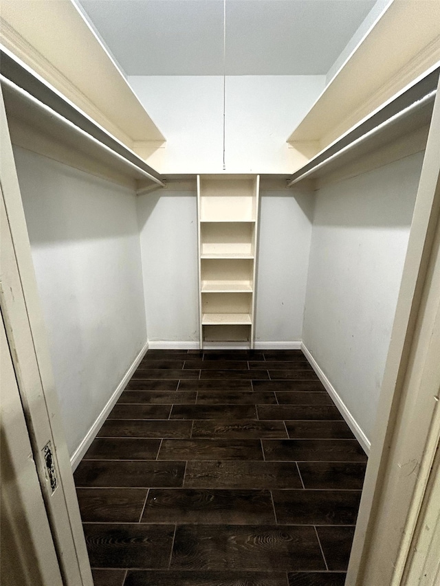 walk in closet with dark hardwood / wood-style flooring