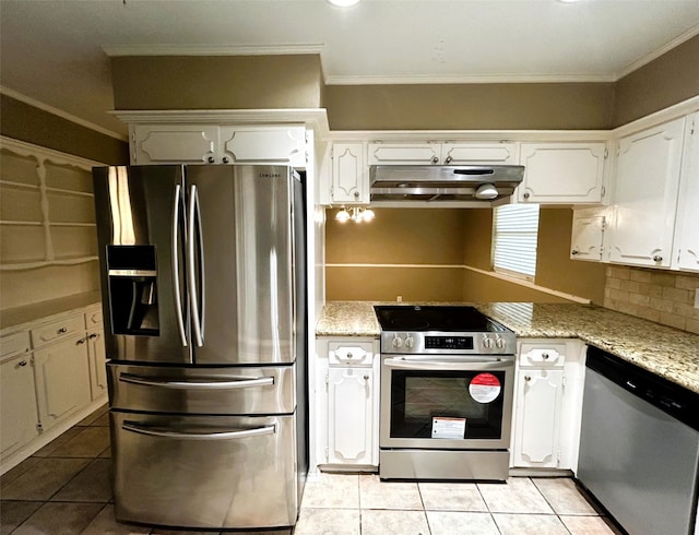 kitchen with white cabinetry, light tile patterned floors, light stone countertops, and stainless steel appliances