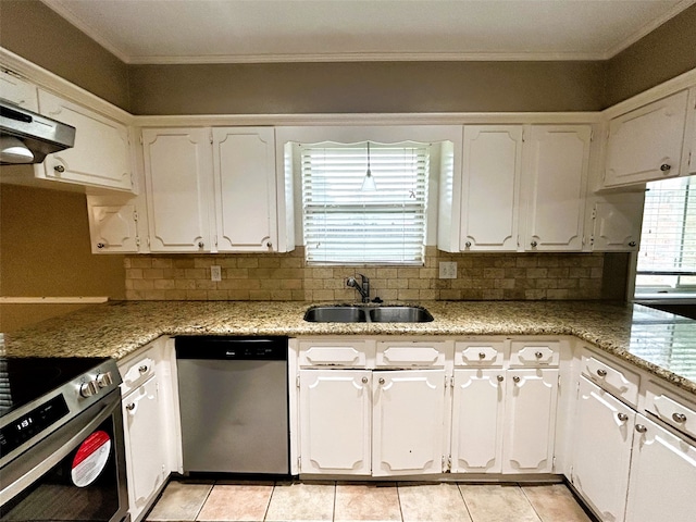 kitchen featuring stainless steel appliances, white cabinets, sink, and crown molding