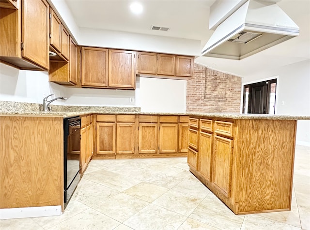 kitchen with kitchen peninsula, light stone counters, exhaust hood, sink, and dishwasher