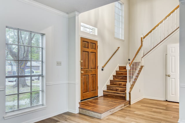 entrance foyer featuring ornamental molding, a healthy amount of sunlight, and light hardwood / wood-style flooring