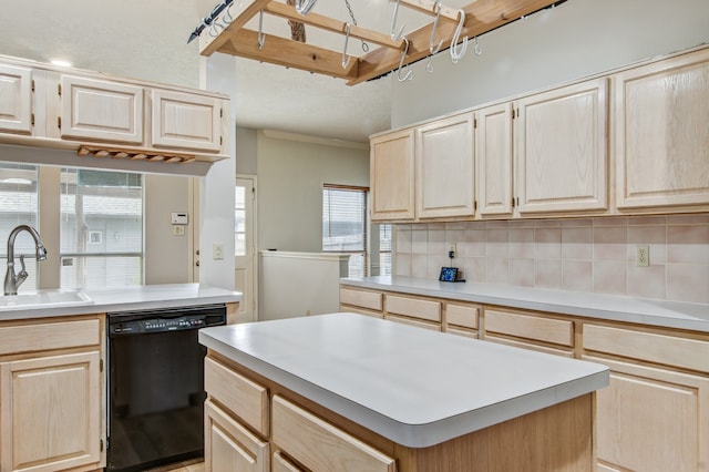 kitchen with light brown cabinets, sink, dishwasher, and tasteful backsplash