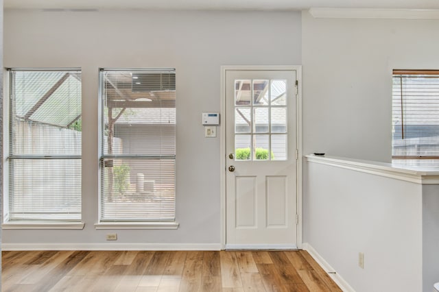 doorway to outside featuring light hardwood / wood-style flooring and ornamental molding