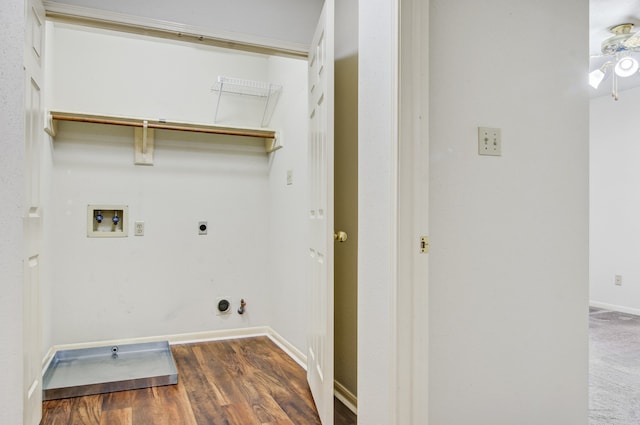 clothes washing area with hookup for an electric dryer, wood-type flooring, hookup for a gas dryer, ceiling fan, and hookup for a washing machine