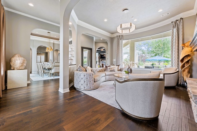 living room with dark hardwood / wood-style floors and ornamental molding