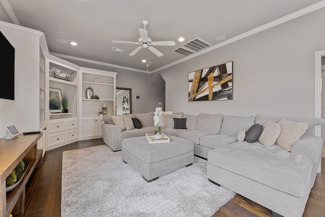 living room featuring dark hardwood / wood-style flooring, ceiling fan, and ornamental molding