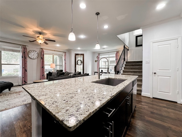 kitchen featuring hanging light fixtures, sink, a center island with sink, and dark hardwood / wood-style floors