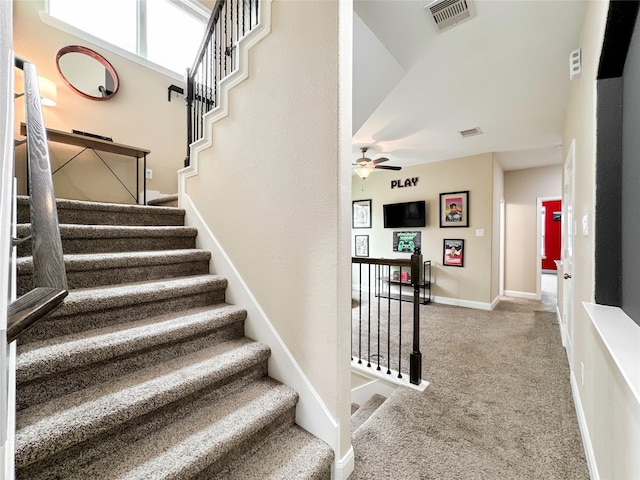 stairs featuring carpet flooring and ceiling fan