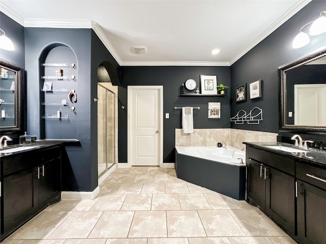 bathroom featuring independent shower and bath, vanity, tile patterned floors, and ornamental molding