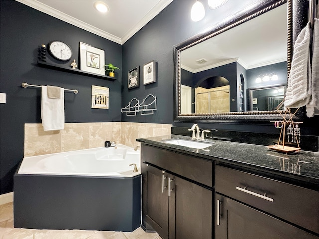 bathroom with a washtub, tile patterned flooring, vanity, and ornamental molding