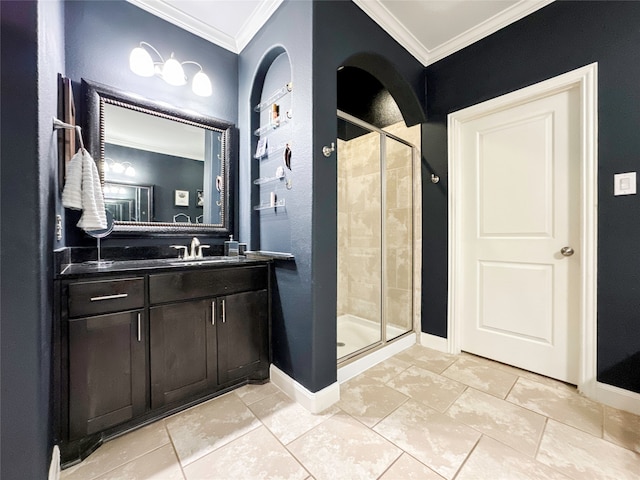 bathroom featuring walk in shower, tile patterned flooring, ornamental molding, and vanity