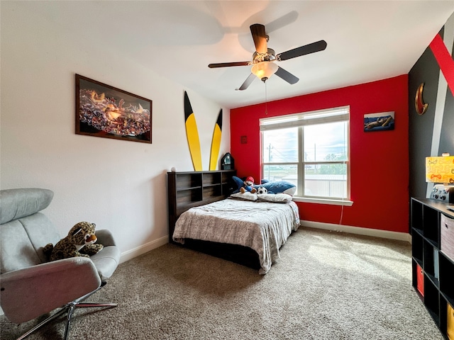 bedroom featuring carpet floors and ceiling fan