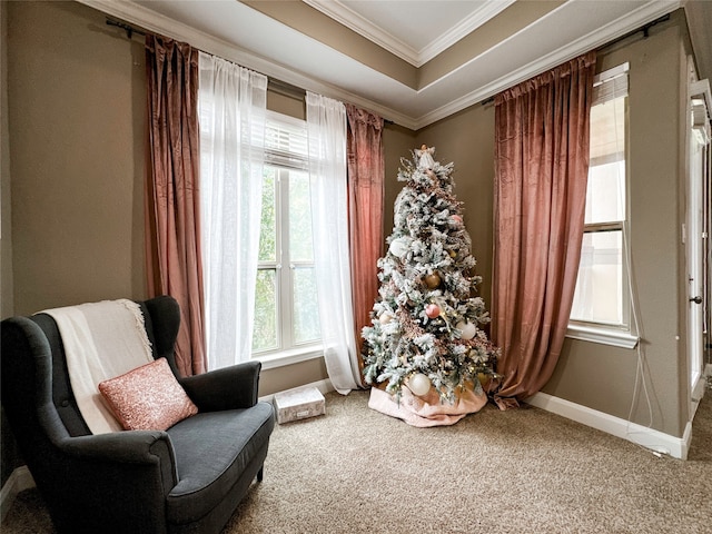 living area featuring ornamental molding, plenty of natural light, and carpet floors