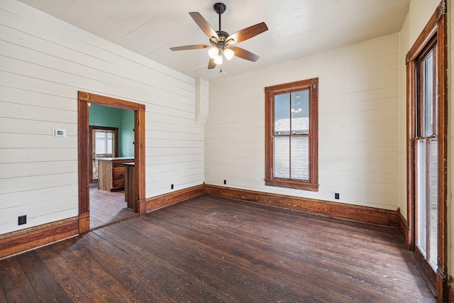 spare room featuring dark wood-type flooring, baseboards, a ceiling fan, and wood walls